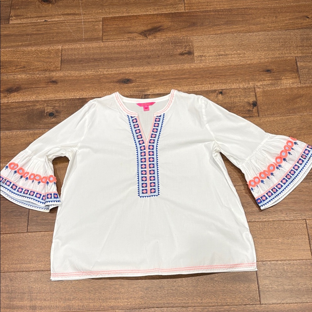 Lilly Pulitzer White Tunic with Pink and Blue Embroidery